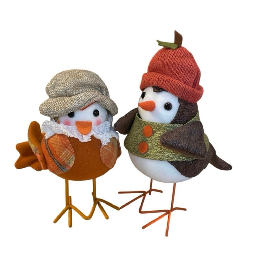 Set of 2 Harvest Fall Fabric Birds Orange Plaid Bird &Brown Shirt Cute 8-6”